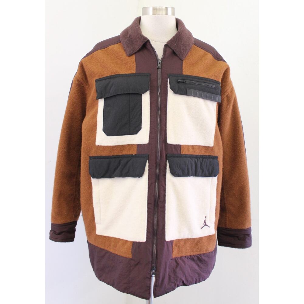 Nike Air Jordan Cozy Girl Brown Cream Color Block Oversized Jacket Size M Wool